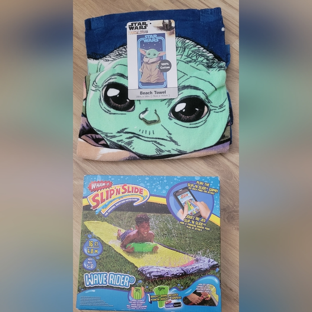 Beach Towel, slip n slide and sidewalk chalk